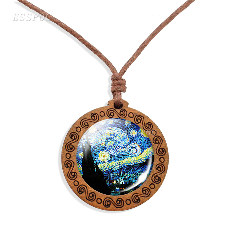 Vintage Wood Jewelry Van Gogh Famous Oil Painting Starry Night Sunflowers Glass Cabochon Pendant Necklace