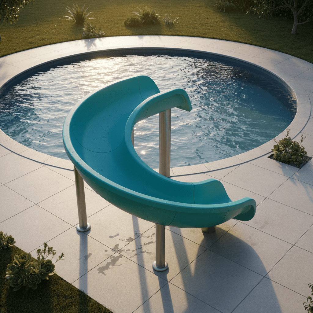 Compact above ground pool with spiral slide, fitting small yards.