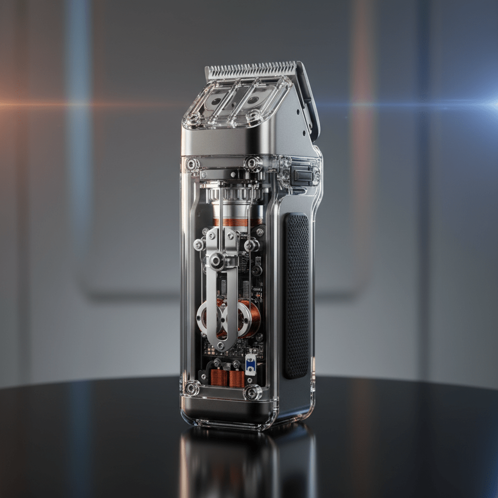 Transparent clippers reveal intricate internal mechanics and modular casing.