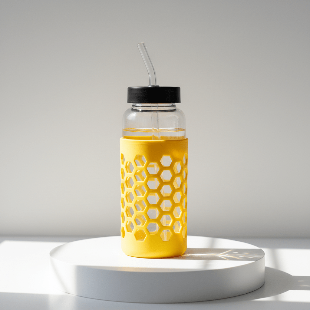 Borosilicate glass water bottle with honeycomb silicone sleeve and light reflections.