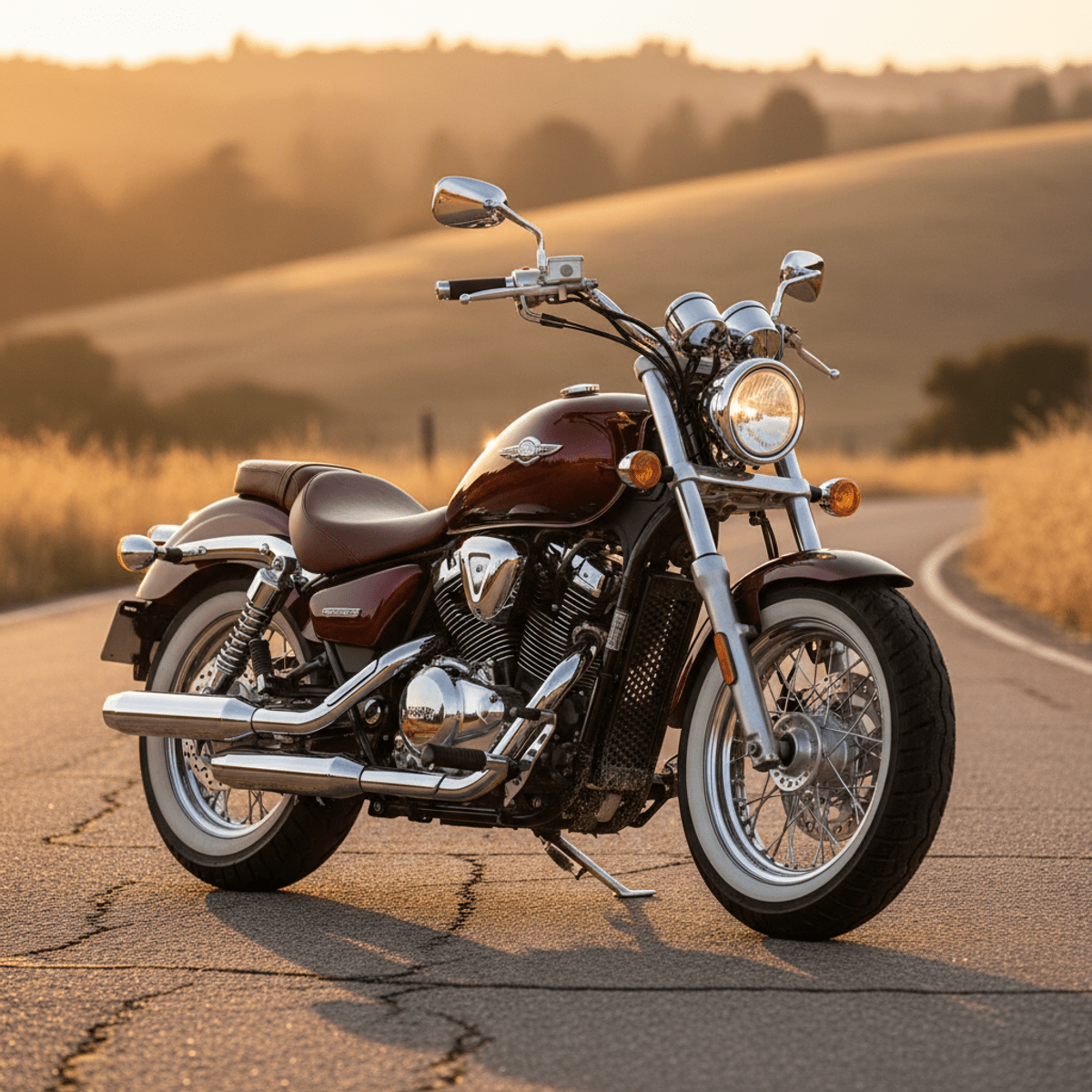 Burgundy motorcycle bathed in warm golden hour light Metallic burgundy 250cc motorcycle parked roadside at golden hour, chrome gleams.