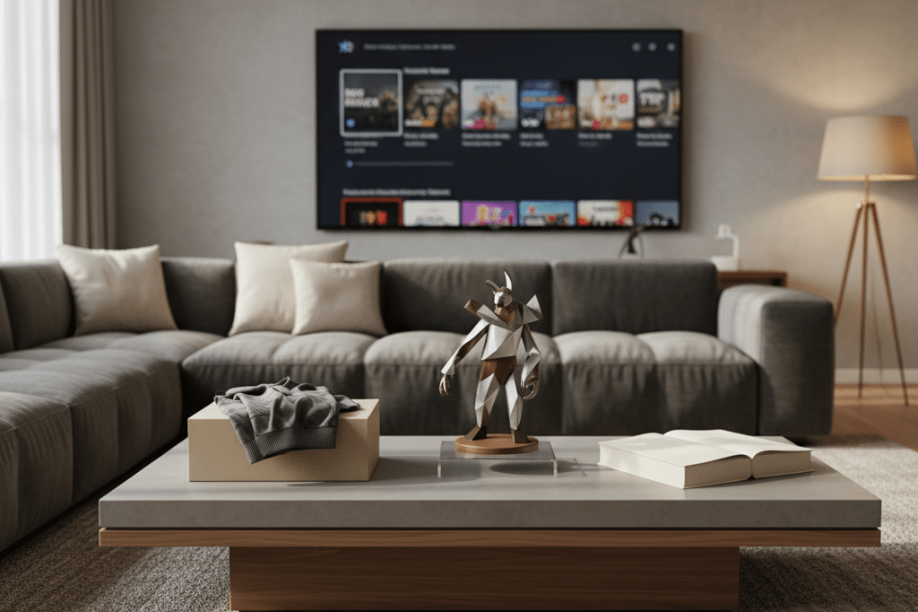 Stylish living room setup featuring premium merchandise items tied to cultural narratives under natural lighting