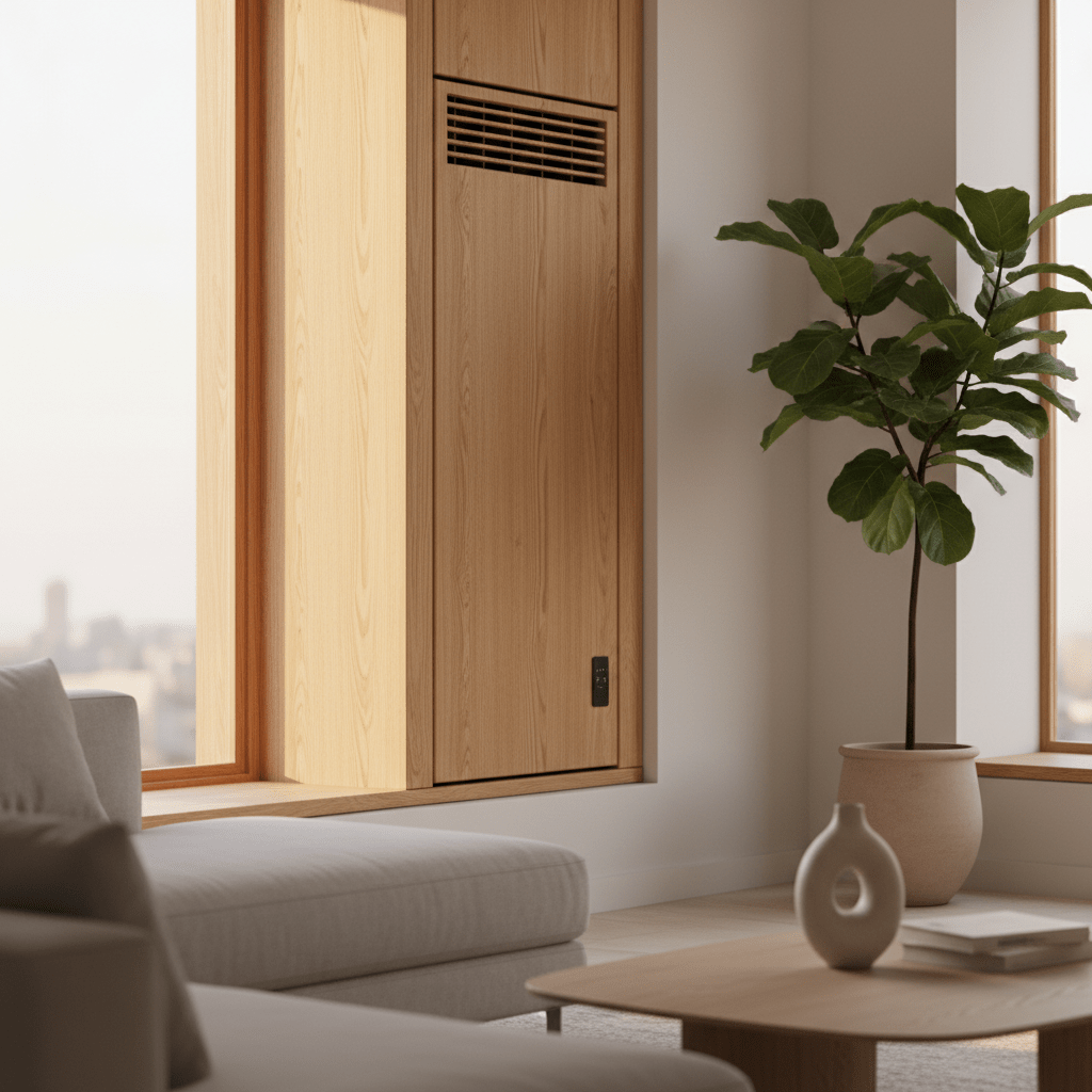 Elegant window air conditioner with wood grain texture integrated into a modern interior.