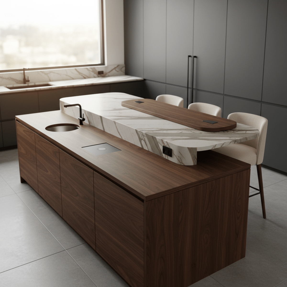 Modern kitchen island with tiered levels, dark walnut, and veined quartzite countertop.