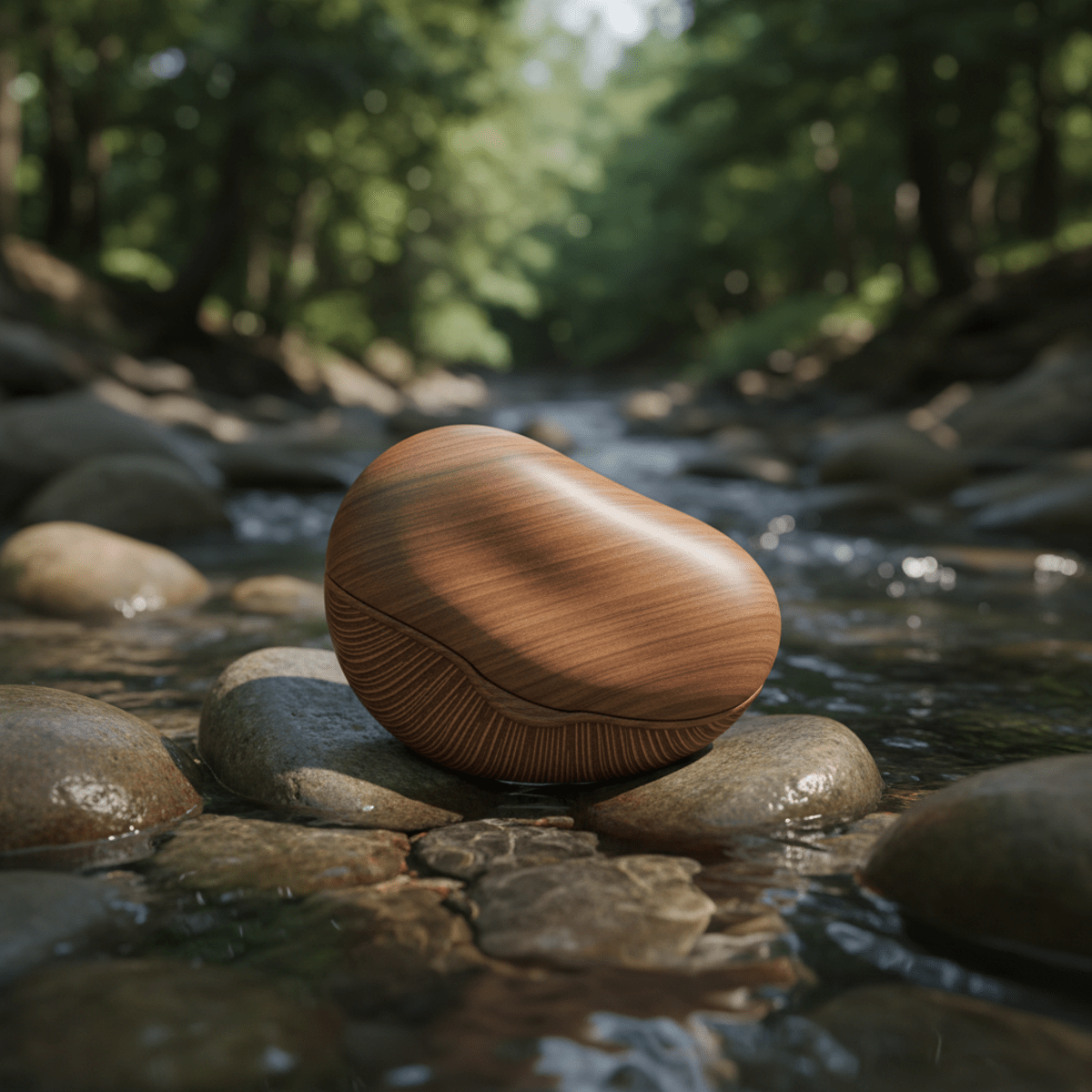 Sculptural compact powder case with wood grain texture rests on river stones in a stream.
