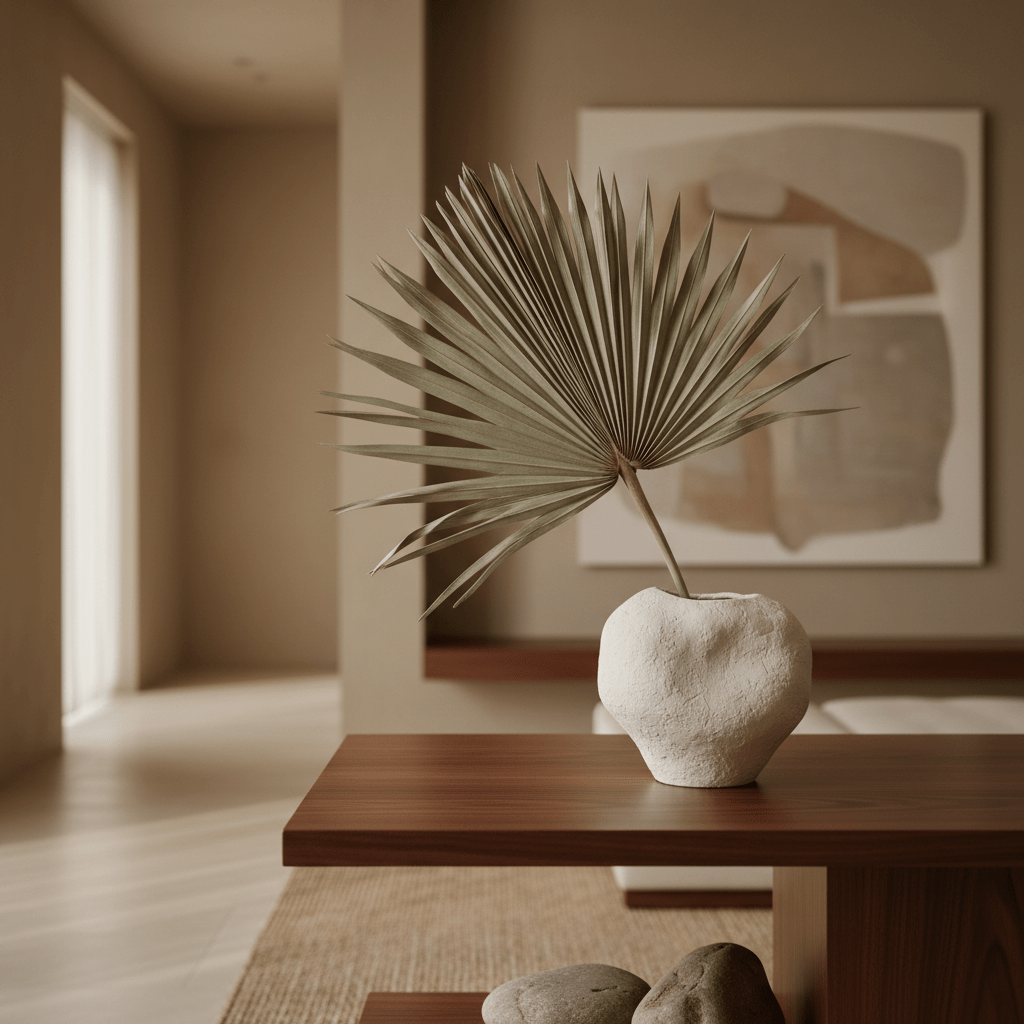 Ikebana-inspired flower arrangement with fan palm in matte ceramic vessel.