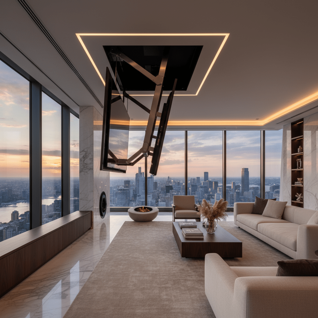 Luxurious modern penthouse living room with a retractable TV and city skyline.