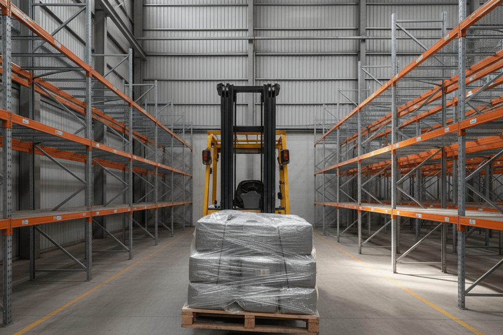 Empty warehouse shelves with one pallet of goods under natural light, highlighting inventory shortages amid supply chain issues