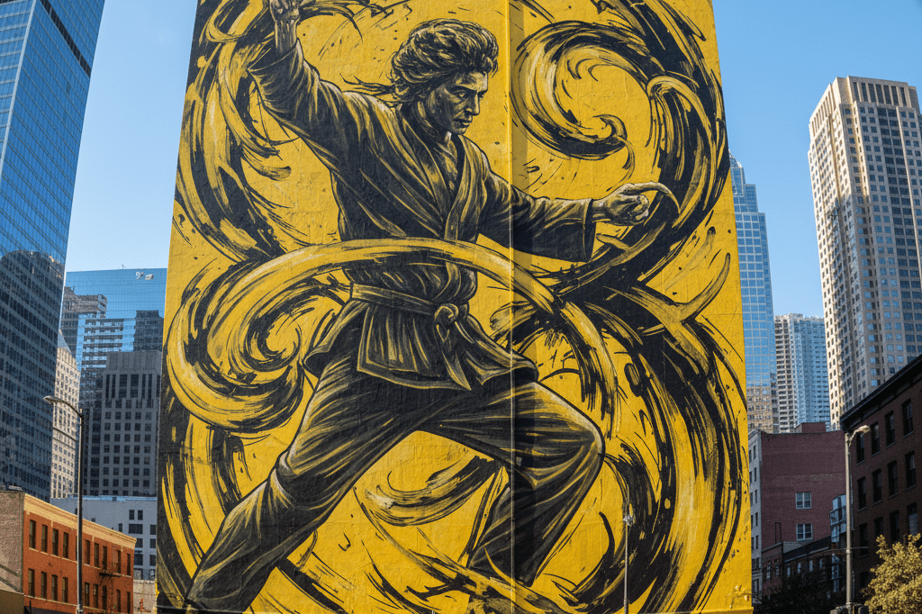 Wide-angle view of a large mural with bold yellow and black strokes symbolizing martial arts movement under natural light