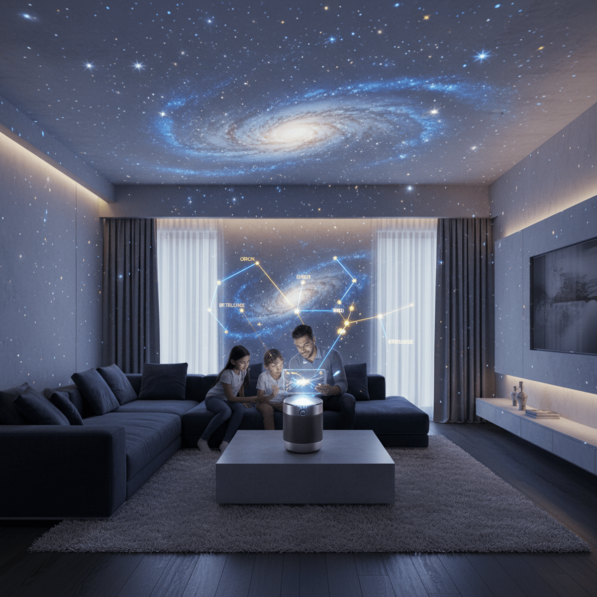 Family enjoys augmented reality constellation mapping with a galaxy projector.