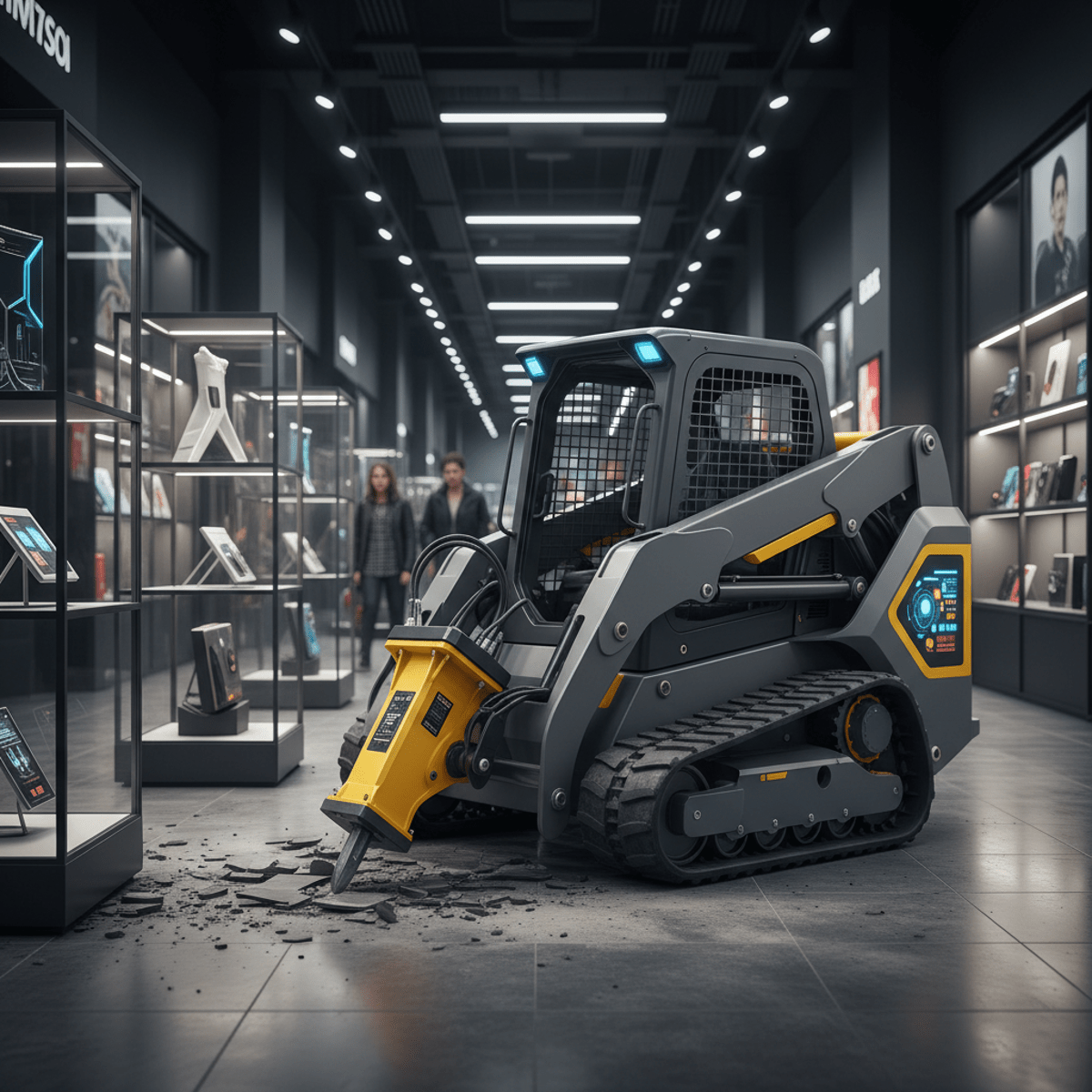 Futuristic electric skid steer demolishes urban retail flooring with precision hydraulics.