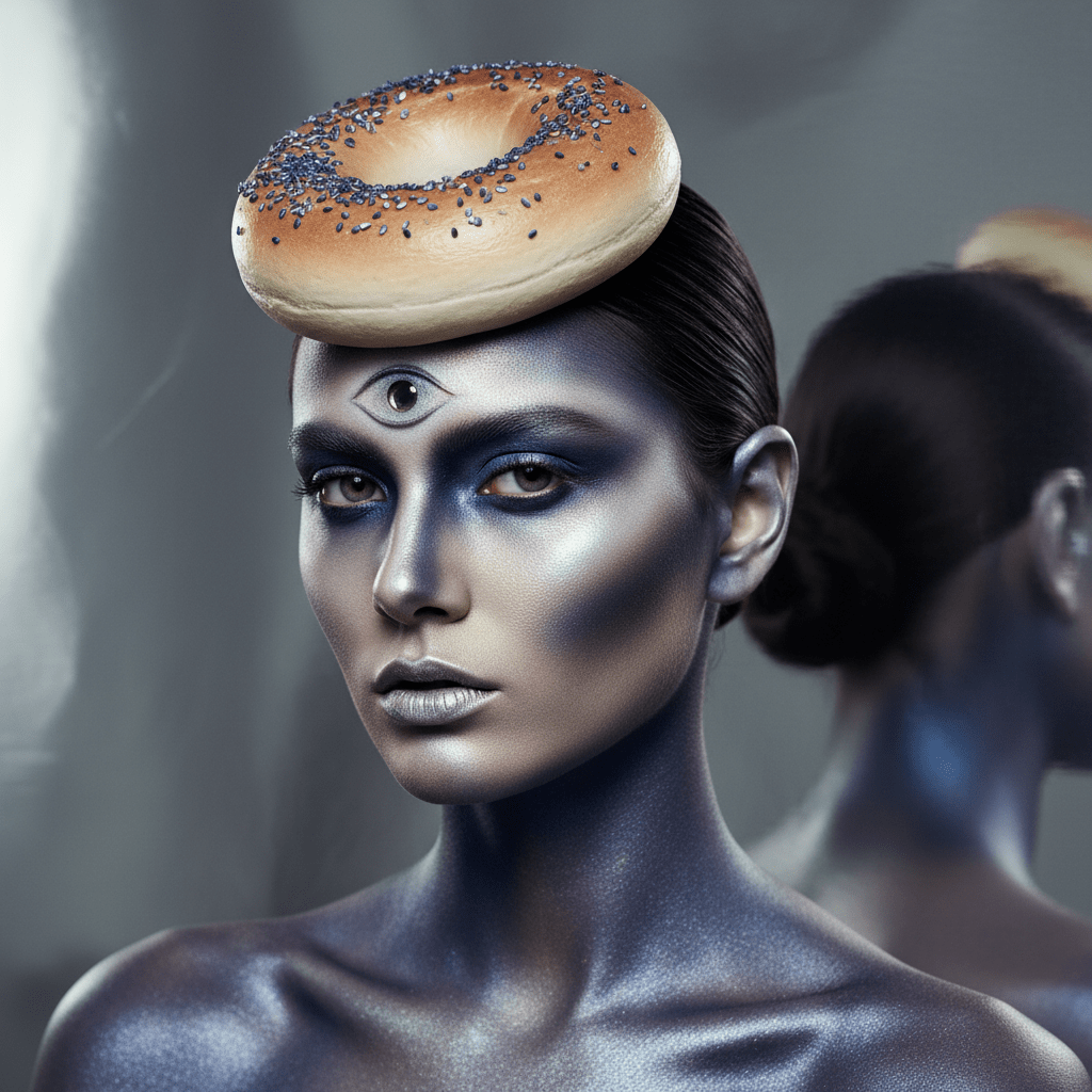 Model with ethereal bagel-inspired makeup, sculpted forehead, and mystical third eye glow.
