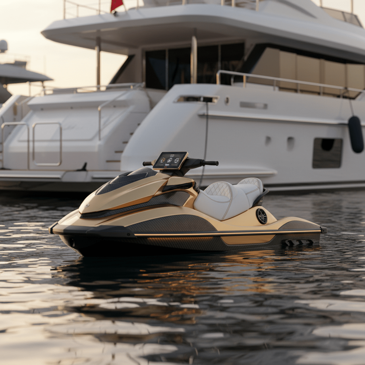 Ultra-luxury mini jet ski with champagne gold finish docked near a superyacht.