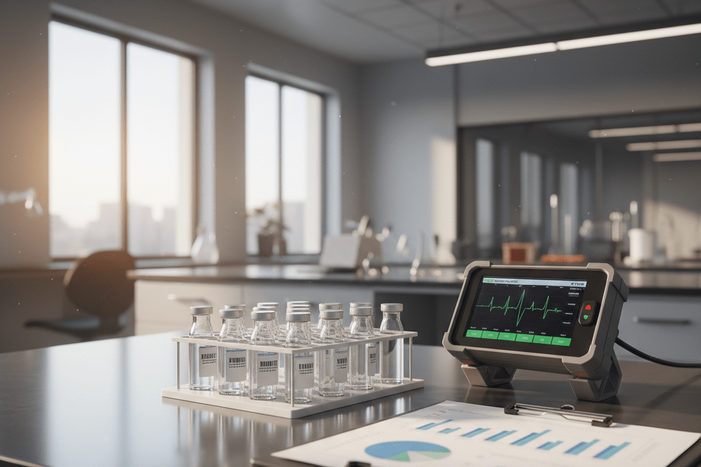 Laboratory setup featuring water vials and contamination testing gear under ambient lighting