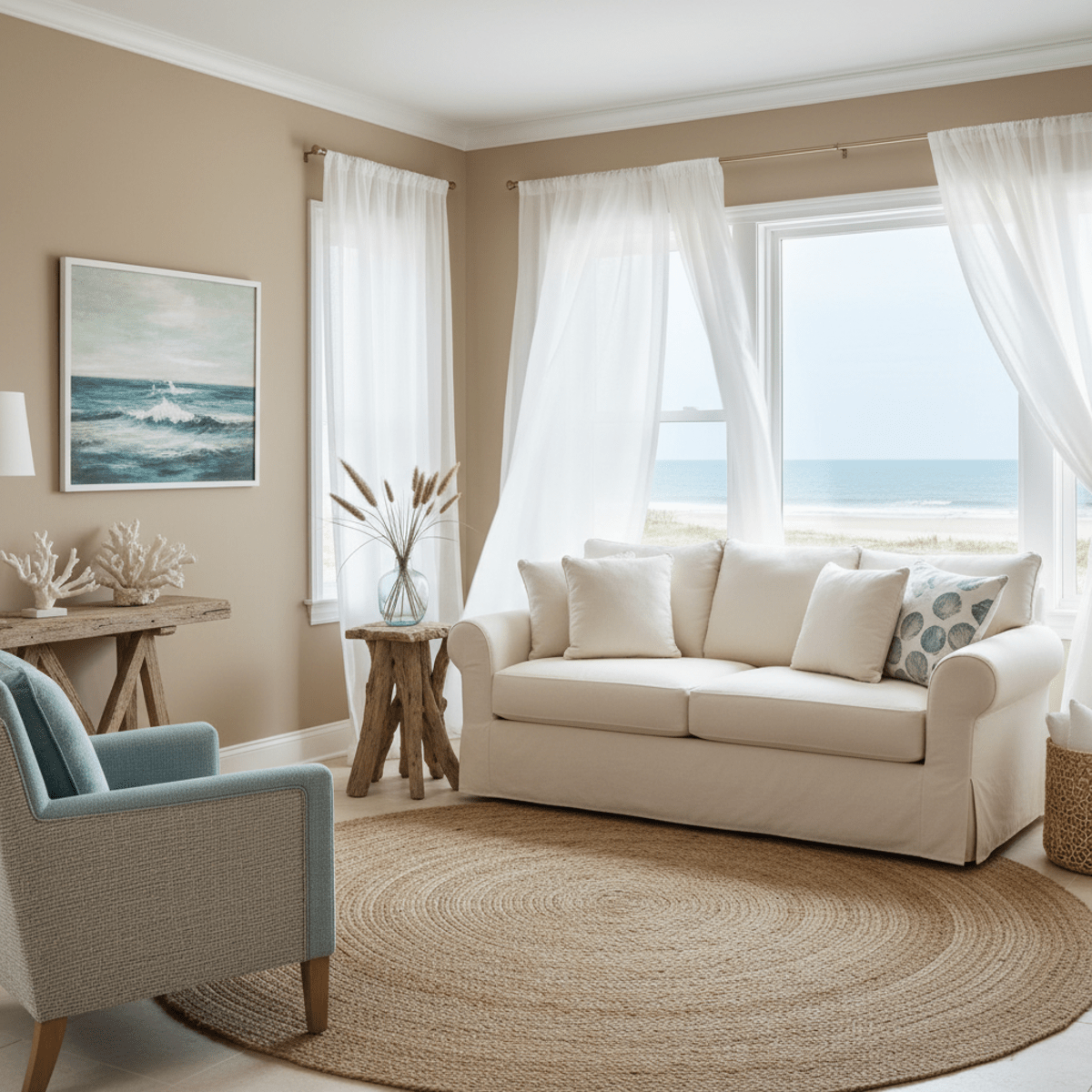 Airy tan living space with shoreline design, featuring cream sofa and blue armchair.