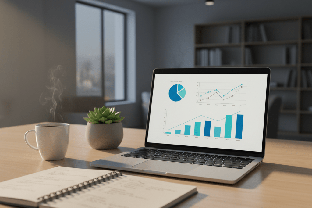 Wide shot of a desk featuring a laptop with analytics, notebook, and coffee under ambient lighting
