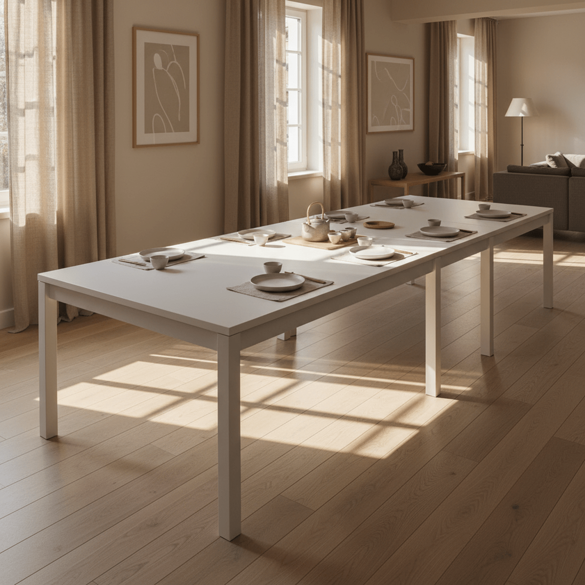 Japandi white oak extension dining table, full length, serene interior Wide shot of a Japandi-style white oak extension dining table in a serene open-plan interior.