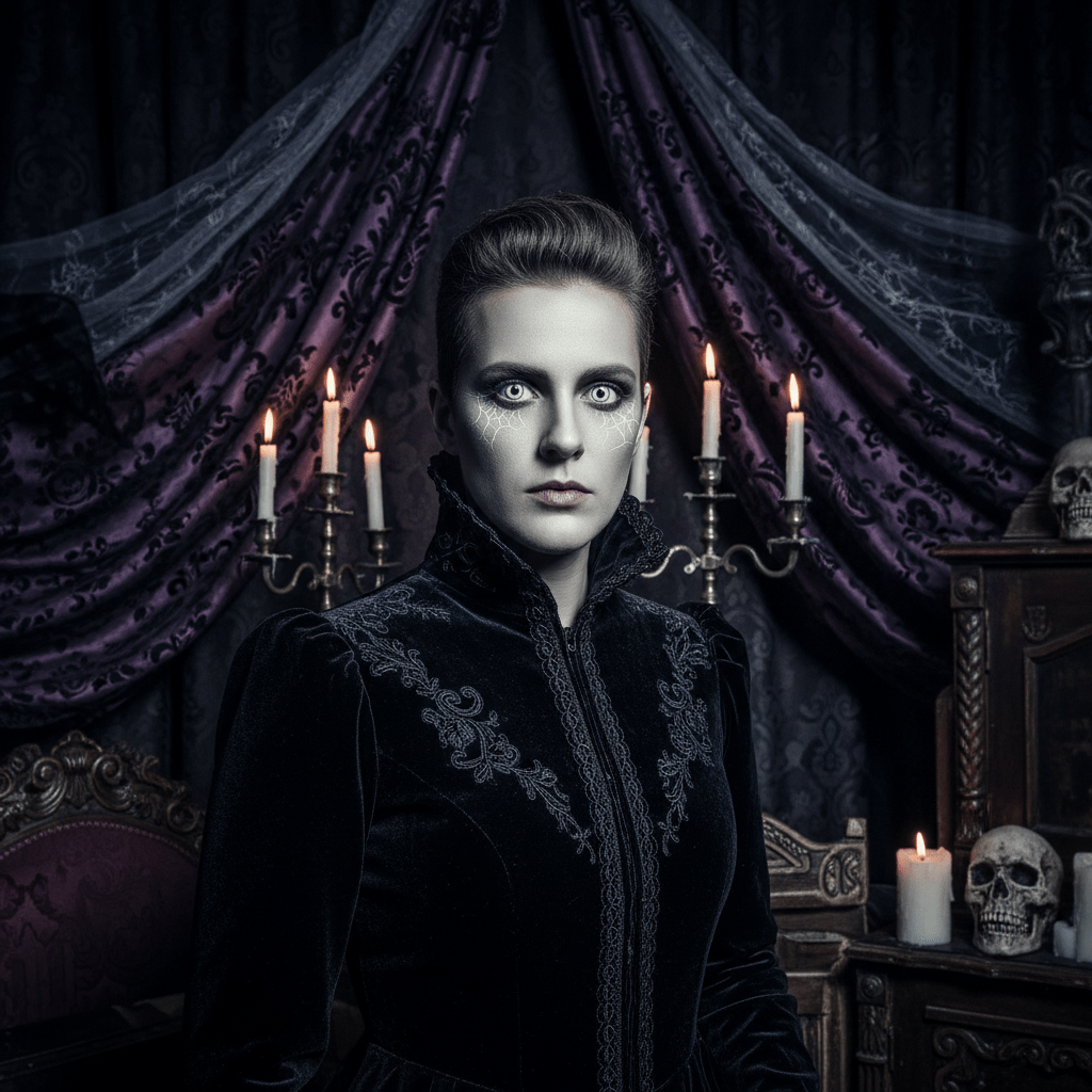 Performer with white mini-sclera contacts and velvet costume in gothic horror setting.