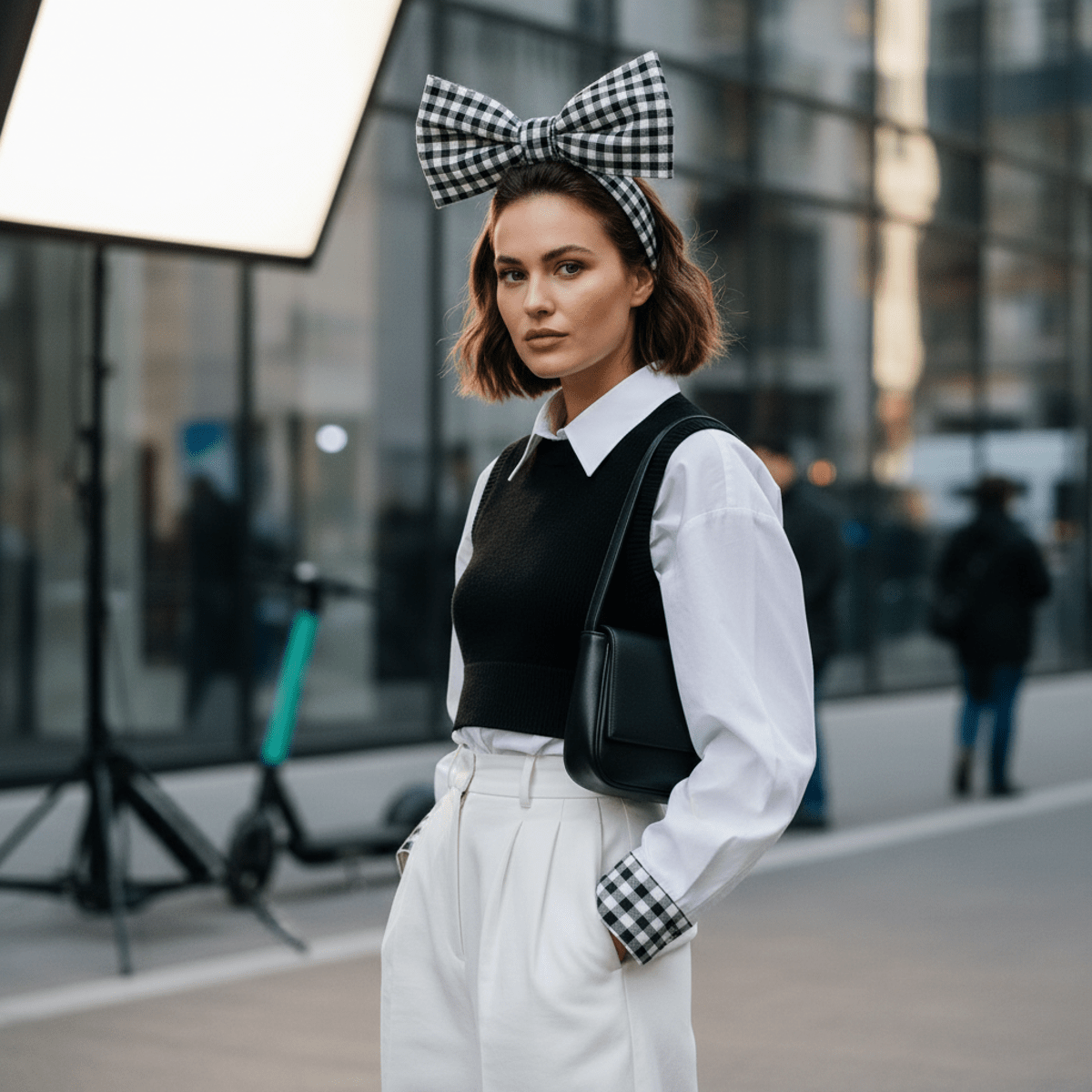 Model wears a black and white gingham bow headband in an urban street setting.
