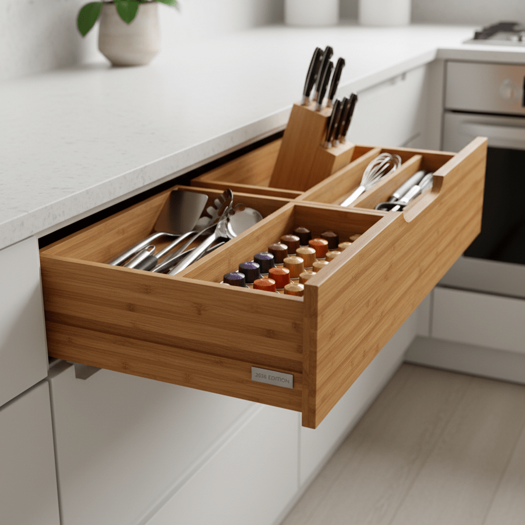 Solid bamboo kitchen drawers with natural grain and honey finish holding utensils.