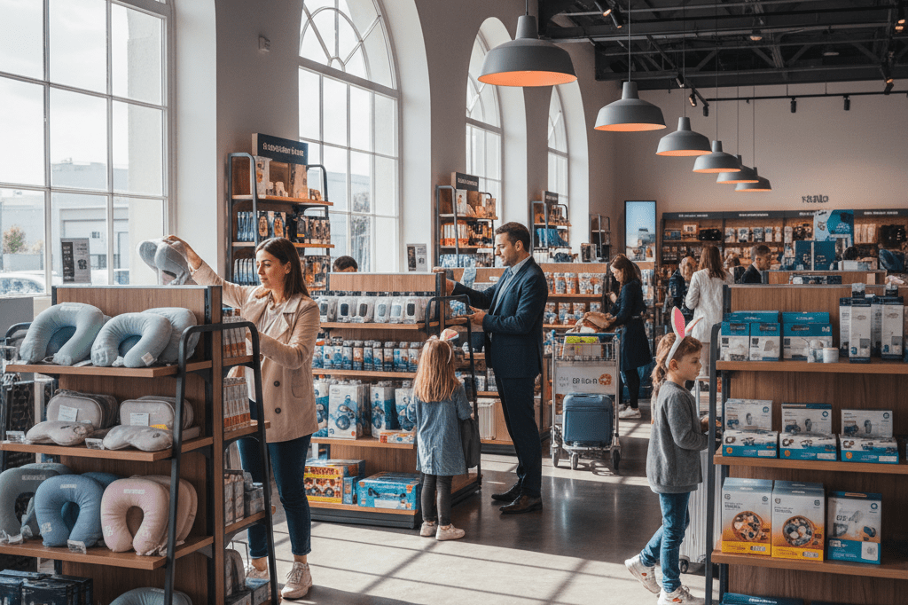 Shoppers browsing travel accessories in a busy airport retail zone under mixed lighting, showcasing seasonal demand