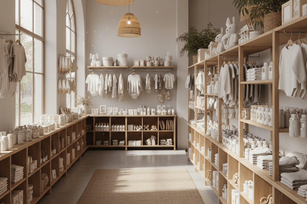 Warmly lit retail display showcasing neutral-toned baby clothes and essentials arranged neatly on wooden shelves, evoking calmness and readiness