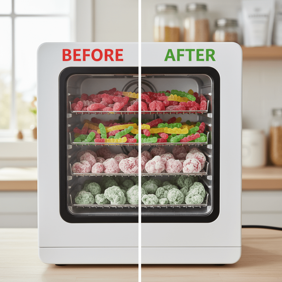 Freeze-dried candies in transformation on transparent trays in a minimalist kitchen.