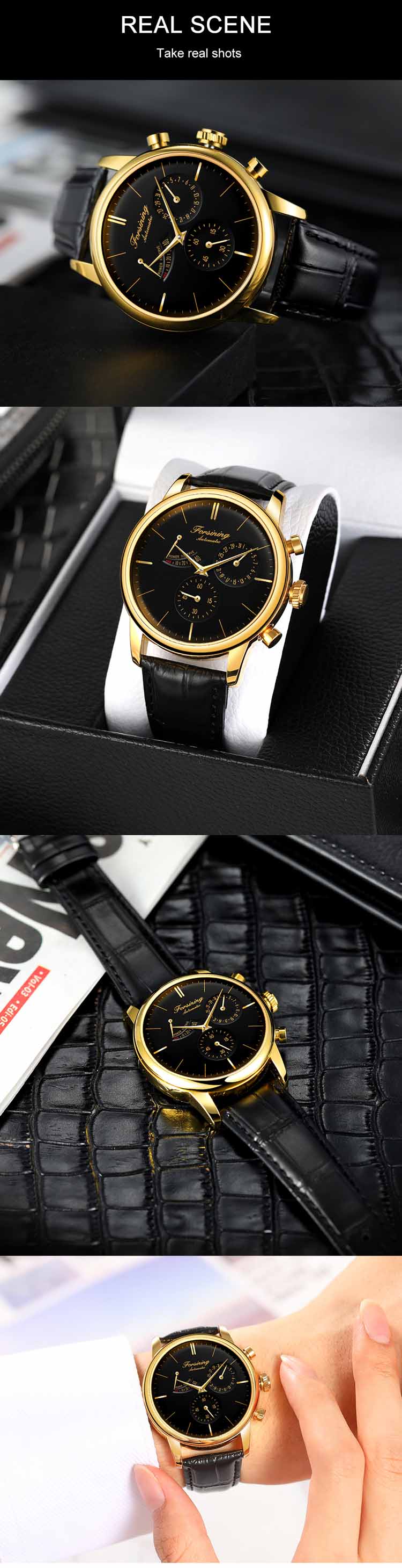 Популярные черные механические часы FORSINING 6916, футуристические часы с ремешком из искусственной кожи, водонепроницаемые, лучшие мужские ультратонкие повседневные часы
