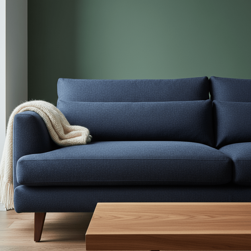 Close-up of a deep navy wool sofa in a minimalist apartment with green accent wall.