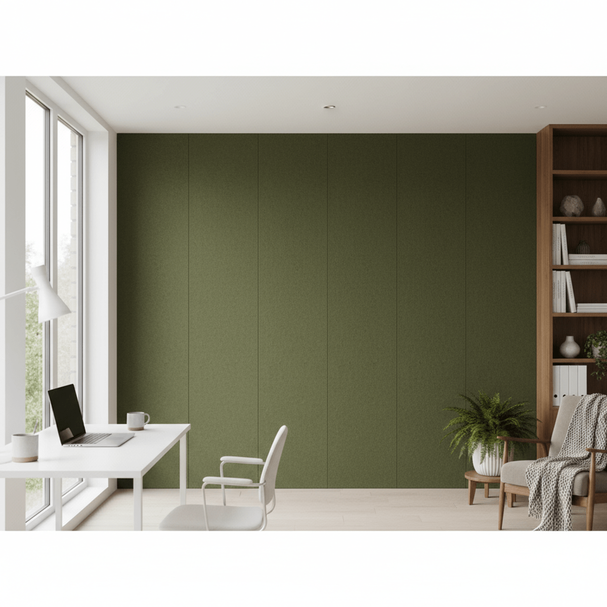 Modern home office with seamless vertical acoustic felt wall panels in deep olive green.