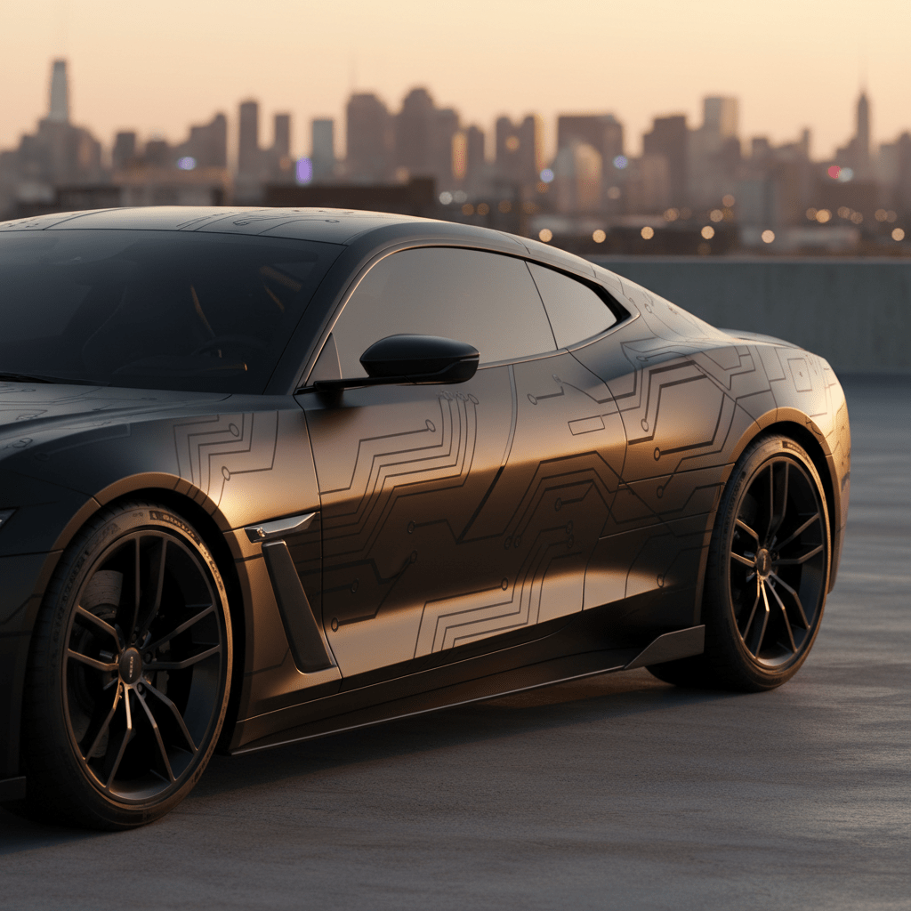 High-performance coupe with satin black finish and abstract circuit graphics in golden hour light.