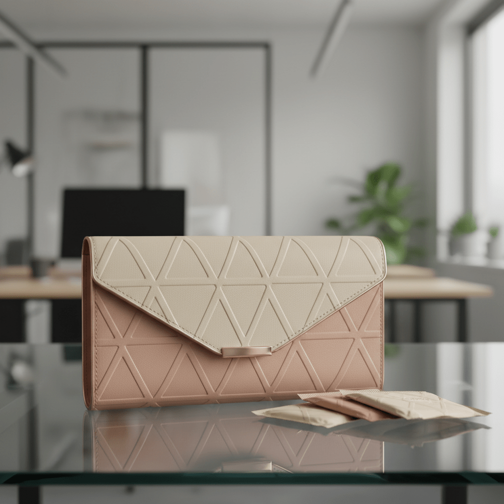Elegant clutch bag packaging for maternity pads with embossed geometric patterns.