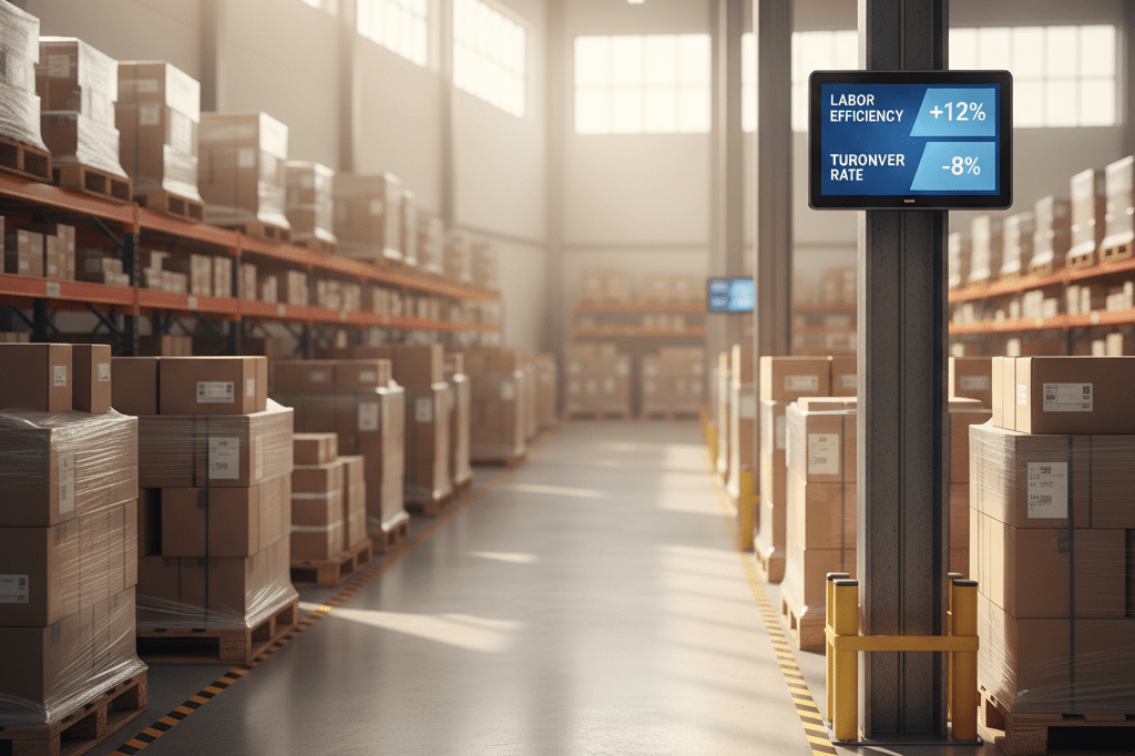 Medium shot of a sunlit retail warehouse aisle with digital dashboard displaying labor efficiency and turnover metrics, no people or branding