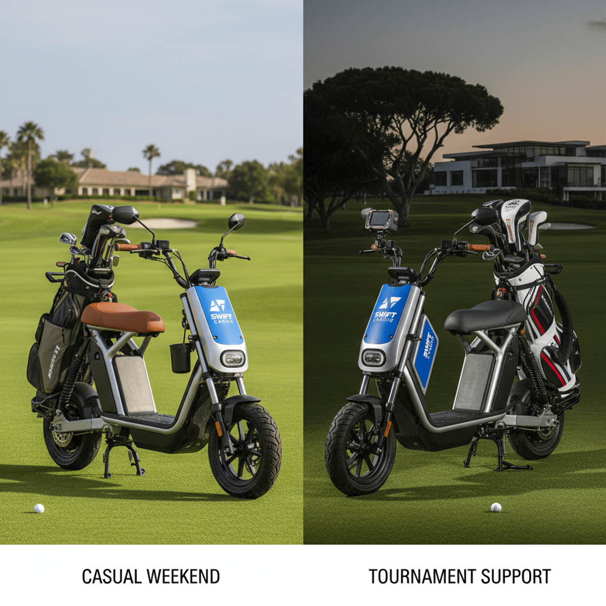 Electric golf scooter shown in split scene: casual vs. tournament ready.