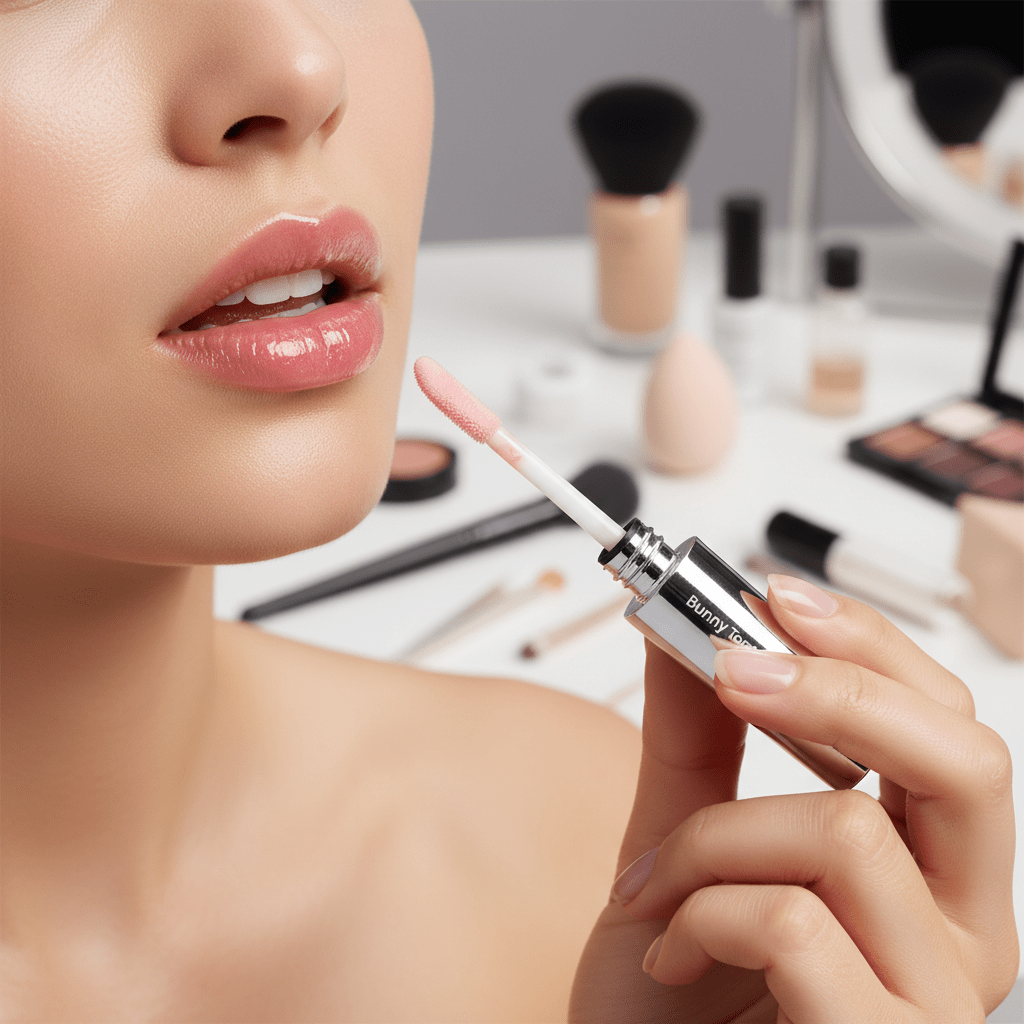 Model applies high-shine pink jelly lip gloss with a wet, luminous effect.