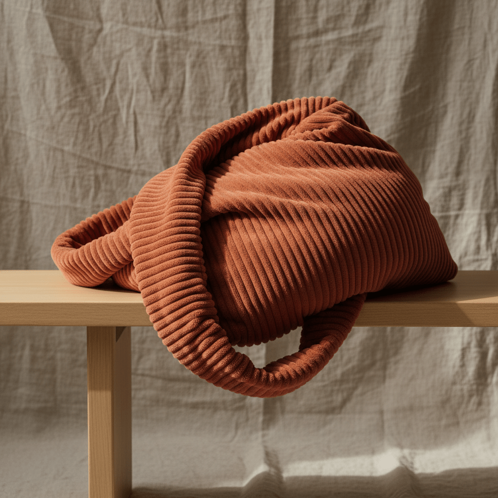 Oversized terracotta tote bag with plush ribbed texture on wooden bench.
