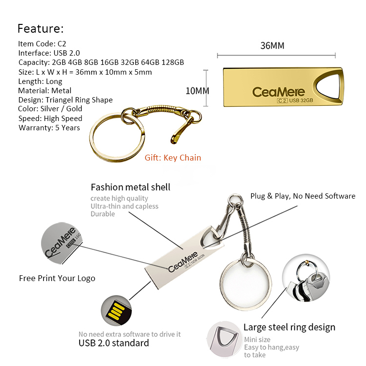 Ceamere C2 Triangel Wholesale USB 2.0 Flash Pen Drives 128GB 64GB 32GB 16GB 8GB 4GB 2GB Metal Pendrive Custom USB Flash Drive