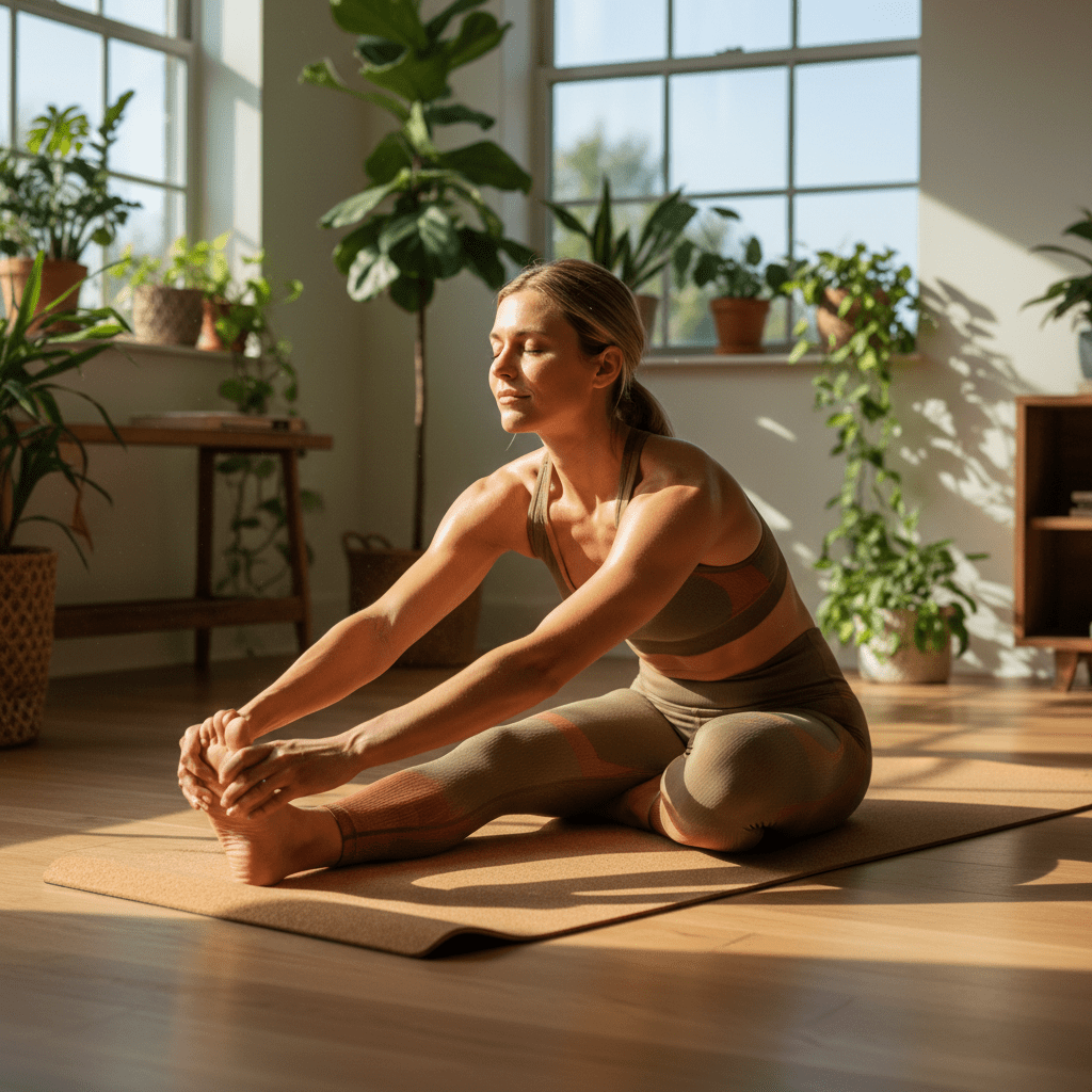 Fit mother gently stretching on yoga mat in warm afternoon sunlight, wearing natural fabrics.