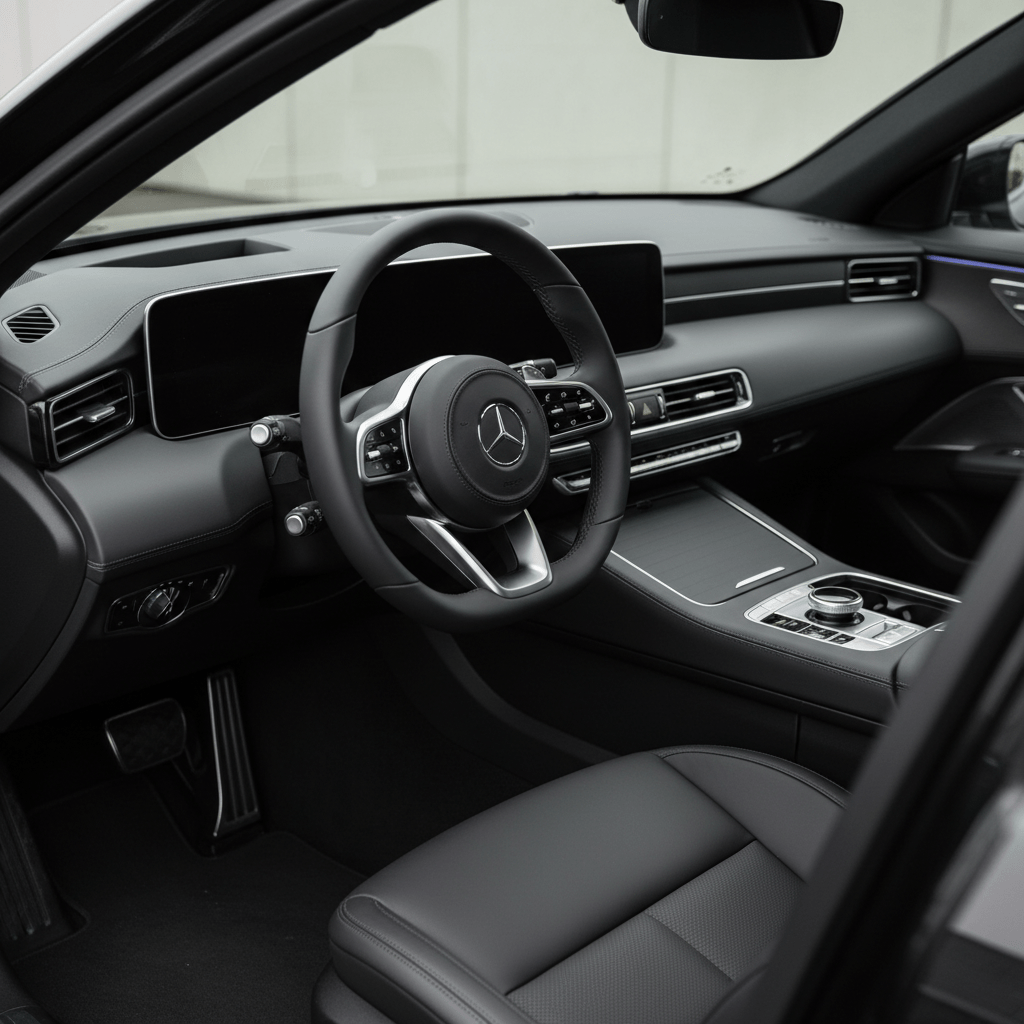 Luxury car cockpit with satin black accents and a matte texture.