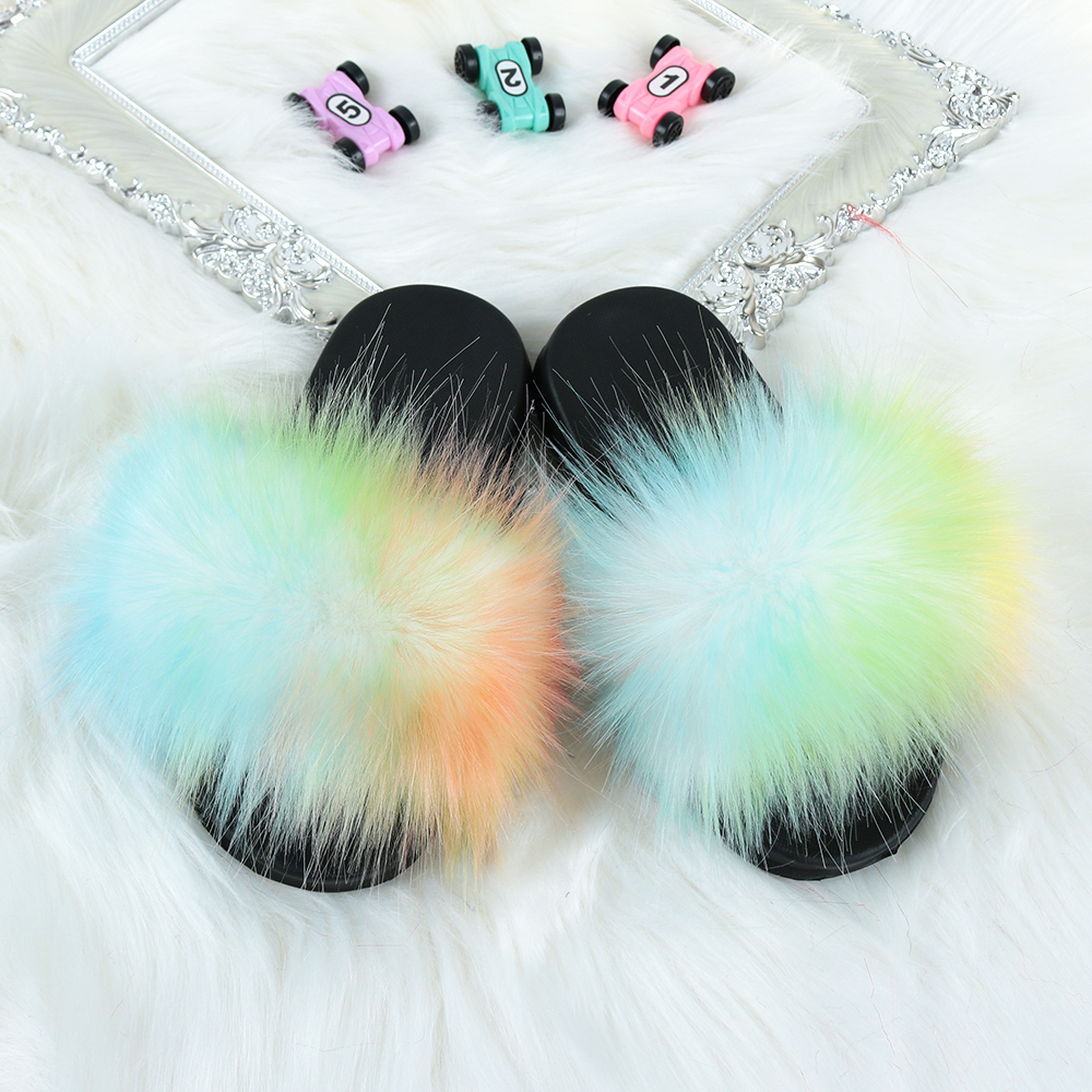 Оптовая продажа; Модные разноцветные пушистые тапочки из искусственного лисьего меха; Меховые шлепанцы для детей