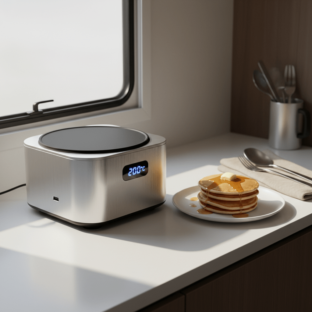 Futuristic portable pancake maker with digital display in a minimalist RV interior.