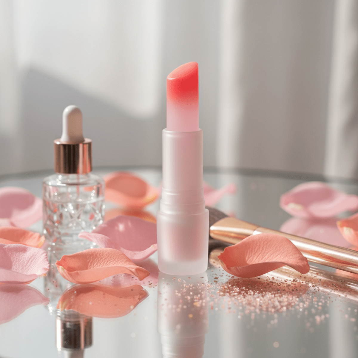 Transparent pink lip balm with coral tip in frosted packaging on reflective surface.
