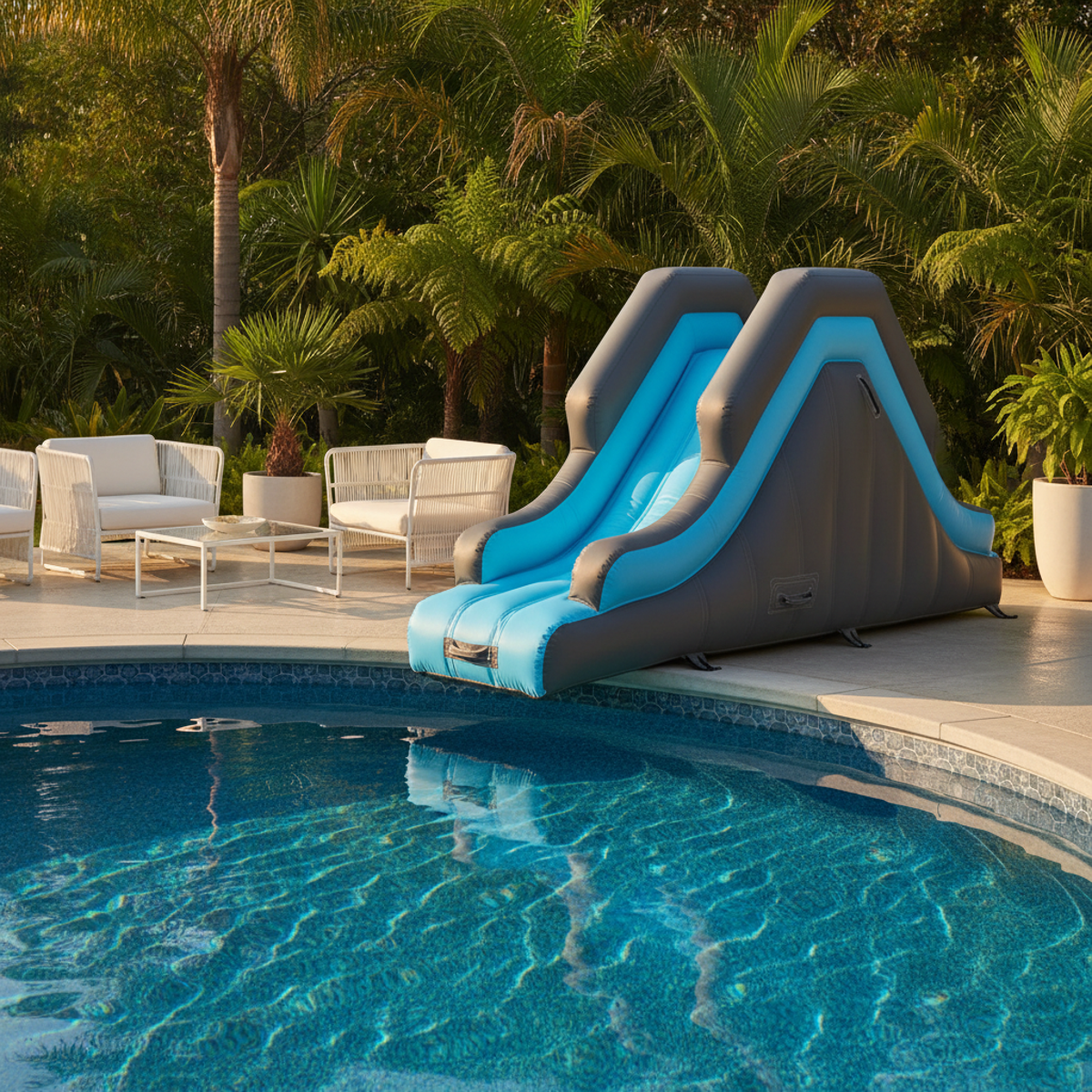 Modern inflatable pool slide in charcoal and aqua over a shimmering blue pool.