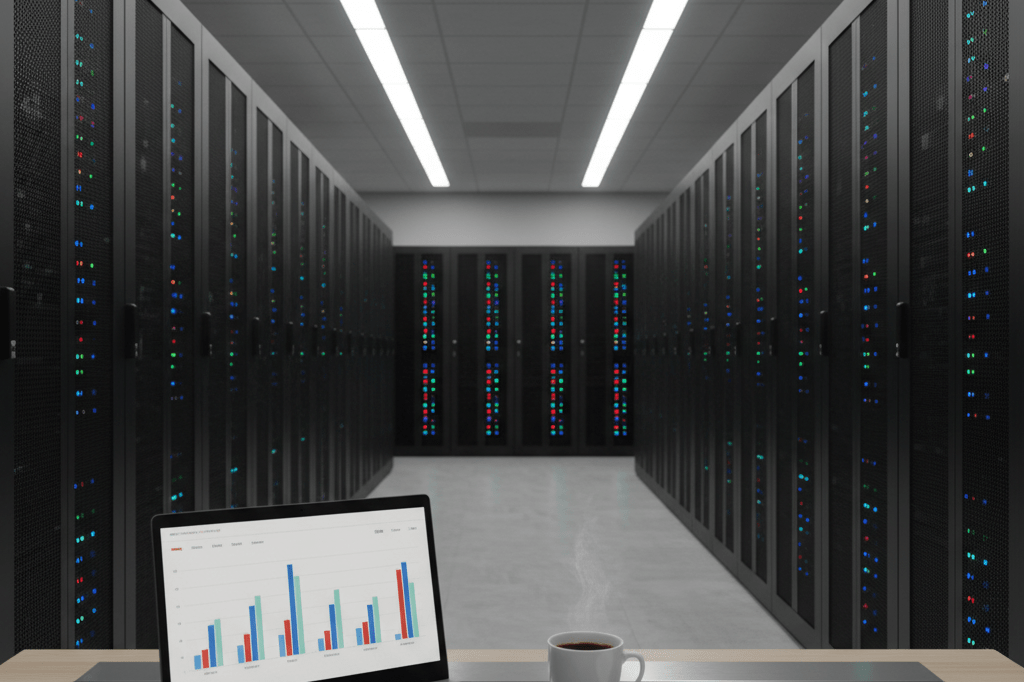 Sleek server racks with blinking LEDs and tools for planned maintenance under ambient light, highlighting operational efficiency