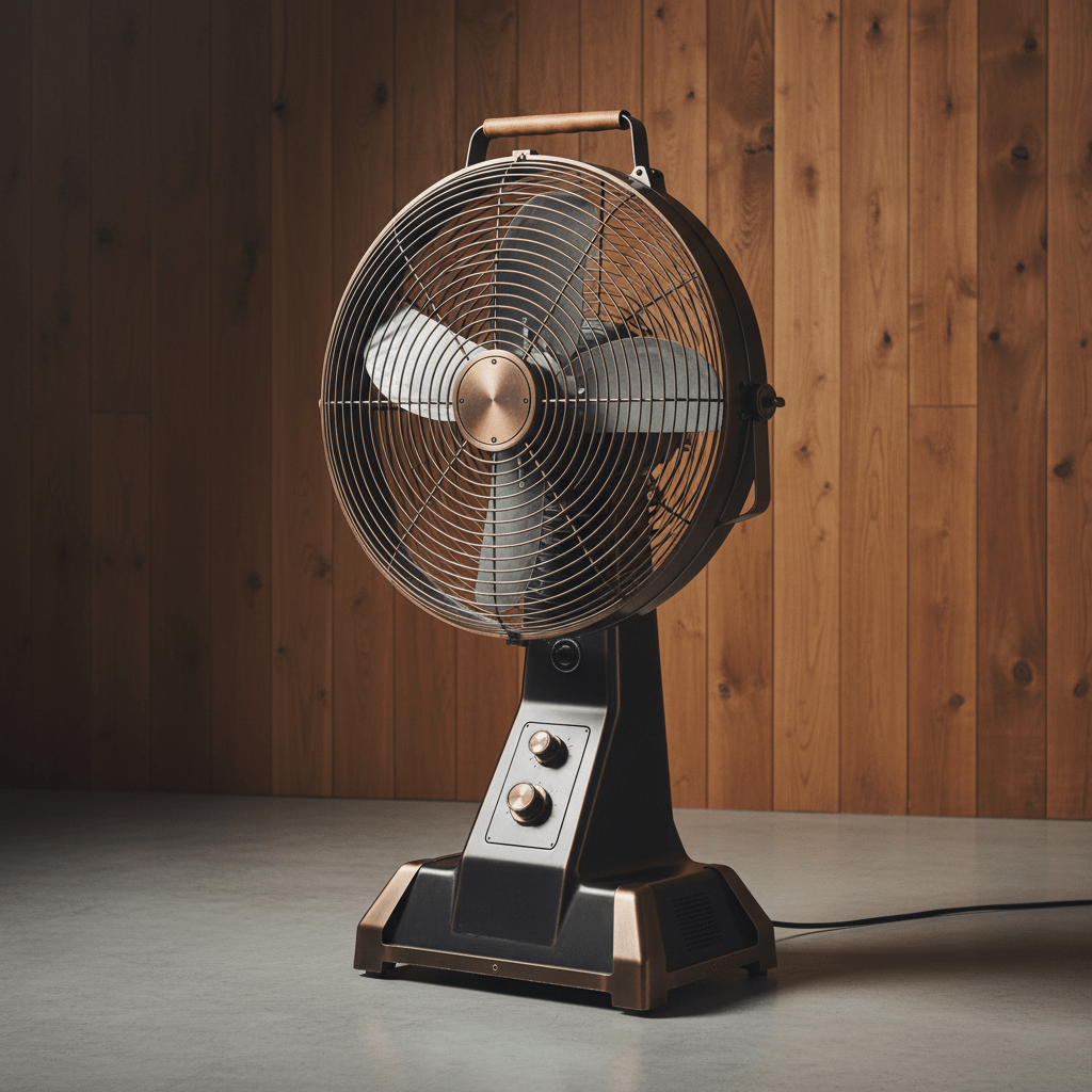 Industrial luxe standup fan with brushed metal and bronze finish in a modern studio.