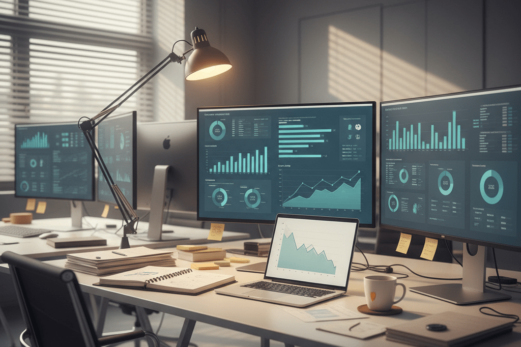 Workspace with computers and graphs under warm ambient light, symbolizing adaptation to technology disruptions in content creation