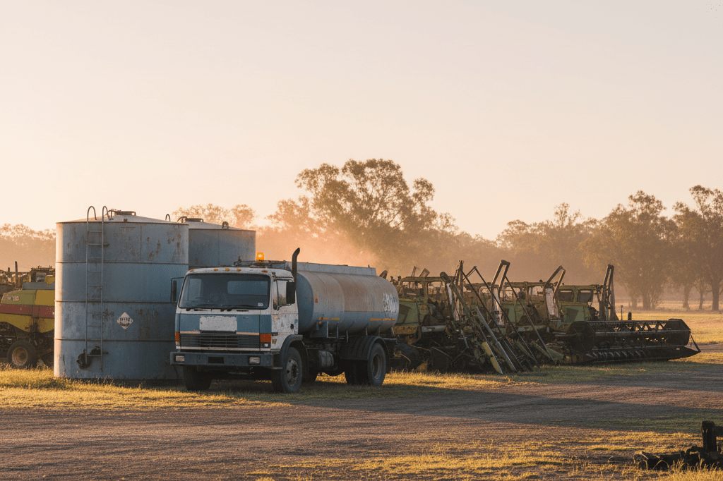 Empty diesel trucks and silent farm machinery under dawn light, symbolizing agricultural supply chain disruption