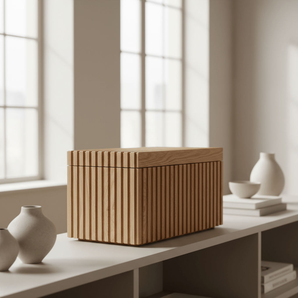 Sustainable oak storage box with fluted vertical grooves on minimalist shelving.