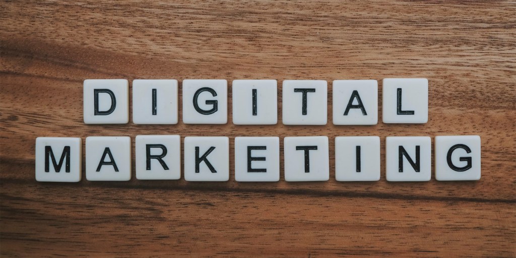 Digital marketing spelt out in white tiles