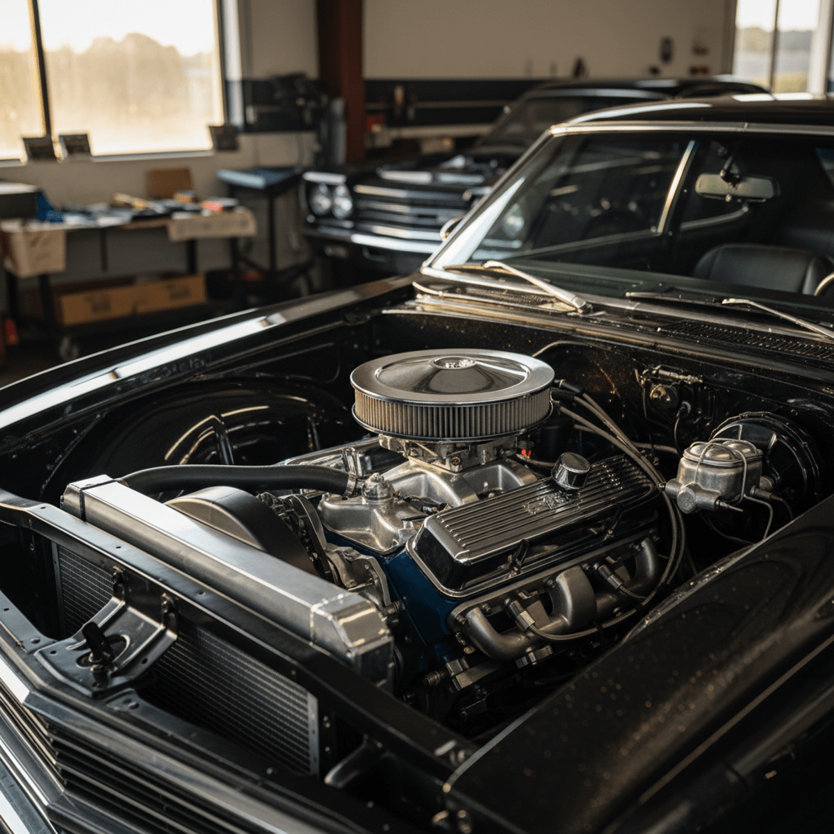 Pristine restomod car engine bay with a 350 motor, captured in warm golden hour light.